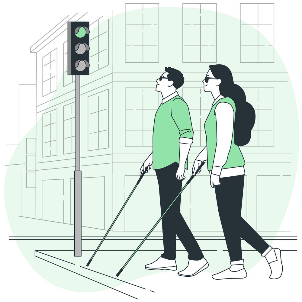 Ilustração de dois cegos atravessando uma rua