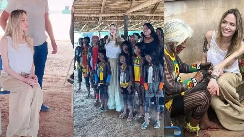 Angelina Jolie visita aldeia indigena no MT e se encontra com Raoni