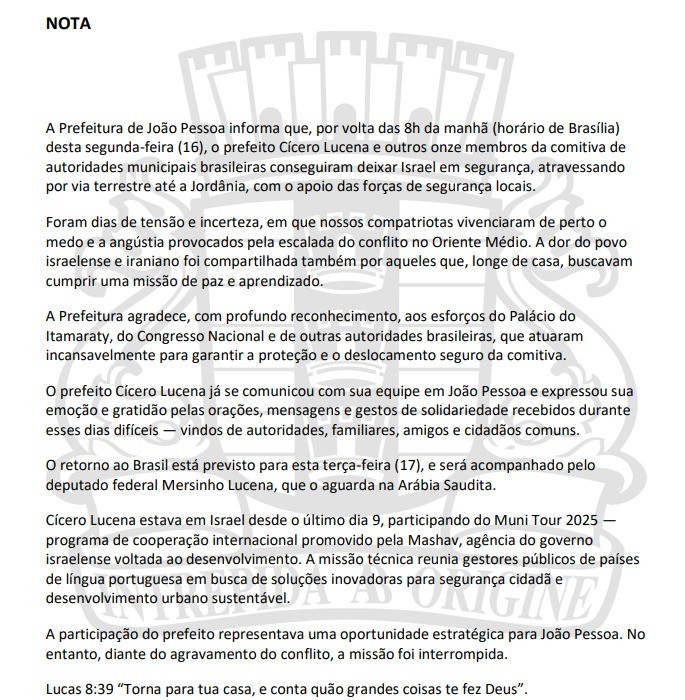 Nota oficial Prefeitura